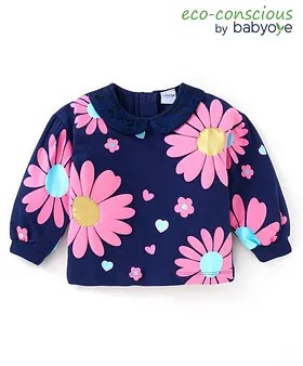 Babyoye Cotton Knit Full Sleeves Floral Printed Top With Peter Pan Collar - Navy Blue